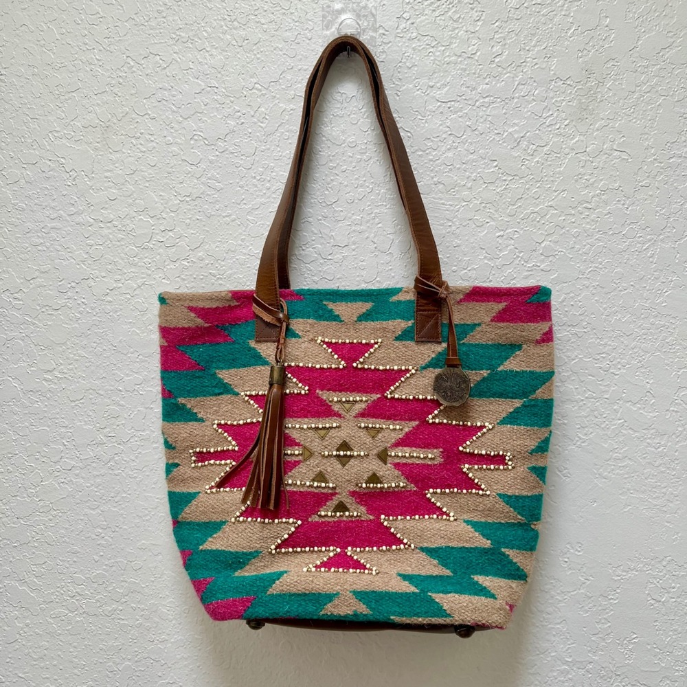 Catchfly Studio Southwestern Woven Wool Leather Tote Bag Beaded Boho Cowgirl